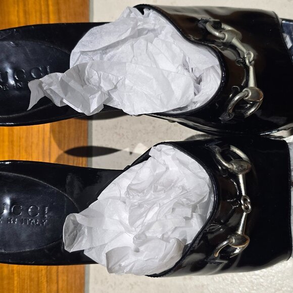 Gucci Mules 3" Heel Horsebit Patent Leather Slides - Picture 6 of 7